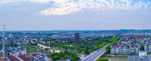 Aerial view of ancient tower in Luodian Ancient Town, Baoshan district, Shanghai