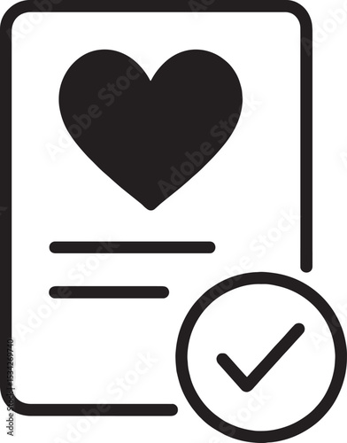 Paper sheet with heart and checkmark, black icon on white background