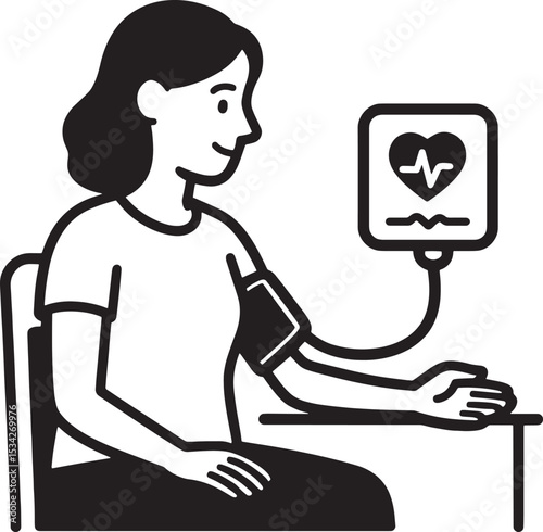 Woman seated checking blood pressure with digital cuff and screen, black icon on white background