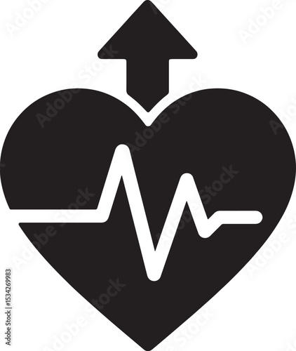 Heart with upward arrow and heartbeat line, black icon on white background