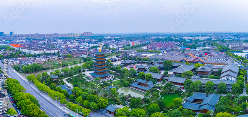 Aerial view of ancient tower in Luodian Ancient Town, Baoshan district, Shanghai