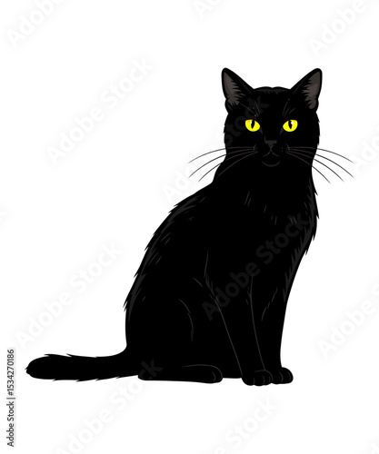 Elegant Black Cat with Piercing Yellow Eyes Sitting Serenely with a Calm Demeanor and Graceful Posture on a White Background
