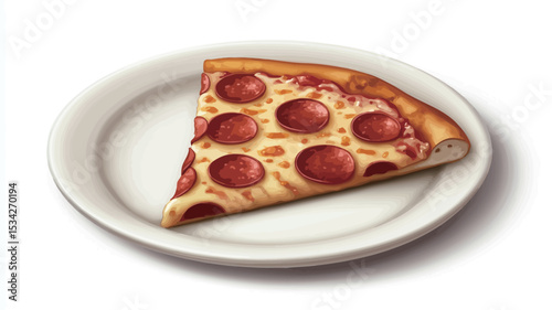 A close-up studio shot of a single slice of pepperoni pizza on a white plate. The pizza slice is depicted with a thin crust, melted cheese, and numerous pepperoni slices distributed across the