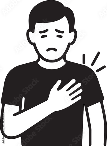 Male holding chest with pain lines, black icon on white background