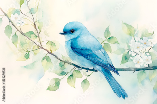 Painting of Blue Bird on a Branch. Generative AI