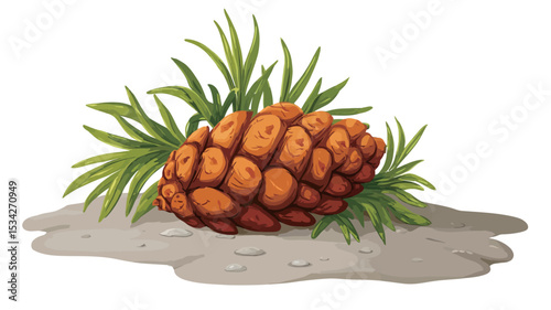 A digital illustration depicting a single, large pine cone resting on a small patch of light gray sandy ground.  The cone is a rich orange-brown color with clearly defined scales.  Two sprigs of