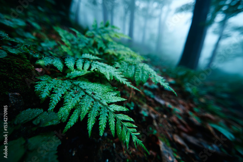 Fern Forest. Lush Green Misty Forest. Generative AI