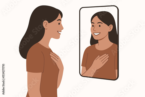 Smiling woman looking at her reflection in mirror symbolizing mental health self-acceptance