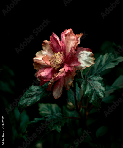 Red and White Flower on Black Background. Generative AI