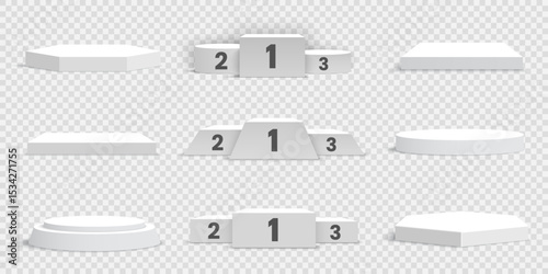 Set of white blank podiums on transparent background. Pedestals. Scene. Vector illustration.