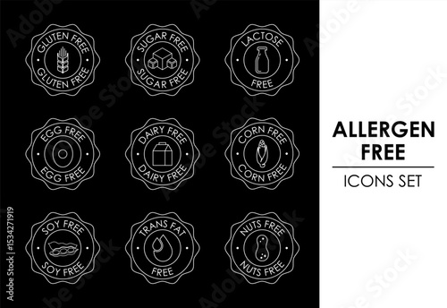 Allergen free icon set. Allergen free products symbols. Lactose, gluten, sugar, corn, egg, trans fat, soy, nuts, dairy free sign