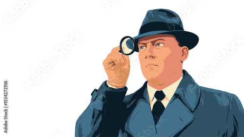 A stylized vector illustration depicting a man in a dark blue suit and fedora hat. He is holding a magnifying glass up to his eye, his expression serious and focused. The style is reminiscent of