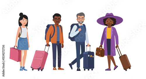 Diverse travelers with luggage, ready for a journey filled with anticipation and excitement