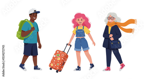 Diverse travelers with luggage and backpacks heading towards their next adventure