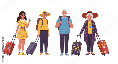 Happy tourist group with luggage ready for vacation, enjoying travelling together