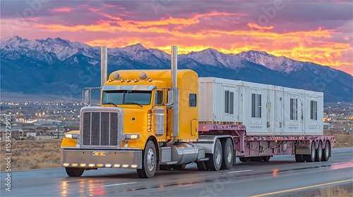 Yellow Semi Truck Hauling Container Sunset Mountains.