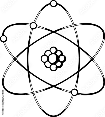 Black and white atomic model diagram showing a nucleus with orbiting electrons in elliptical paths.