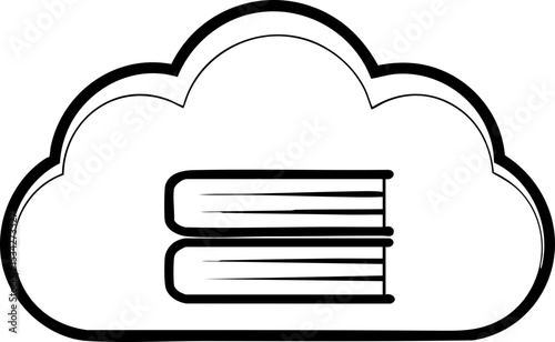 A black and white line drawing of a cloud containing two stacked books inside it.