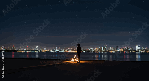 Serene lakeside night scene with campfire and cityscape under starry skies