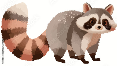 A digital illustration of a raccoon. The style is cartoonish and whimsical, with soft, muted colors. The raccoon is depicted from the side, facing slightly to the viewer's left. Its fur is