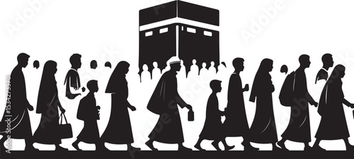 Hajj Pilgrimage to Kaaba Silhouette with Crowd