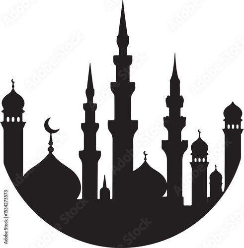 Islamic Mosque Silhouette with Crescent Moon