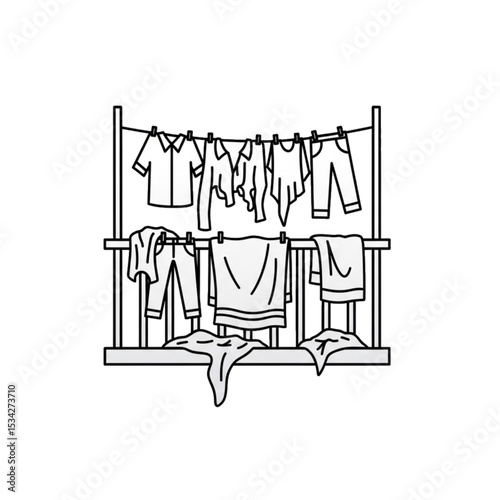 Hanging clothes on a drying rack, representing laundry or home chores.