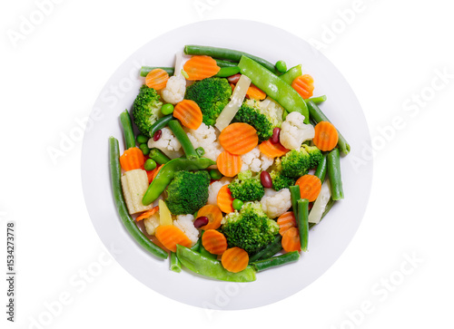 plate of mix of steamed vegetables isolated on transparent background, top view photo