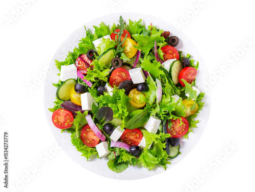 plate of salad with fresh vegetables and feta cheese isolated on transparent background, top view