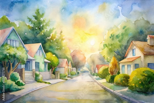 Watercolor painting of a suburban street at sunset
