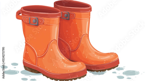 Illustration of a pair of bright orange rubber boots. The boots are mid-calf height with a slightly rounded toe and a buckle detail on the side. They appear shiny and new.  The boots are positioned