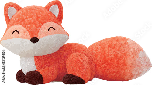 A full shot of a plush toy in the shape of a fox. The fox is predominantly orange with a lighter orange/white underbelly. It has dark brown paws and a large, fluffy tail.  The fox is lying down and