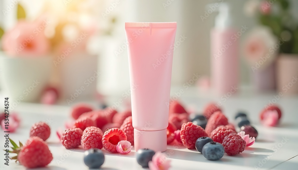 Pink cosmetic tube surrounded by raspberry, blueberry, and roses. Pink cosmetic tube surrounded by raspberry, blueberry, and roses.