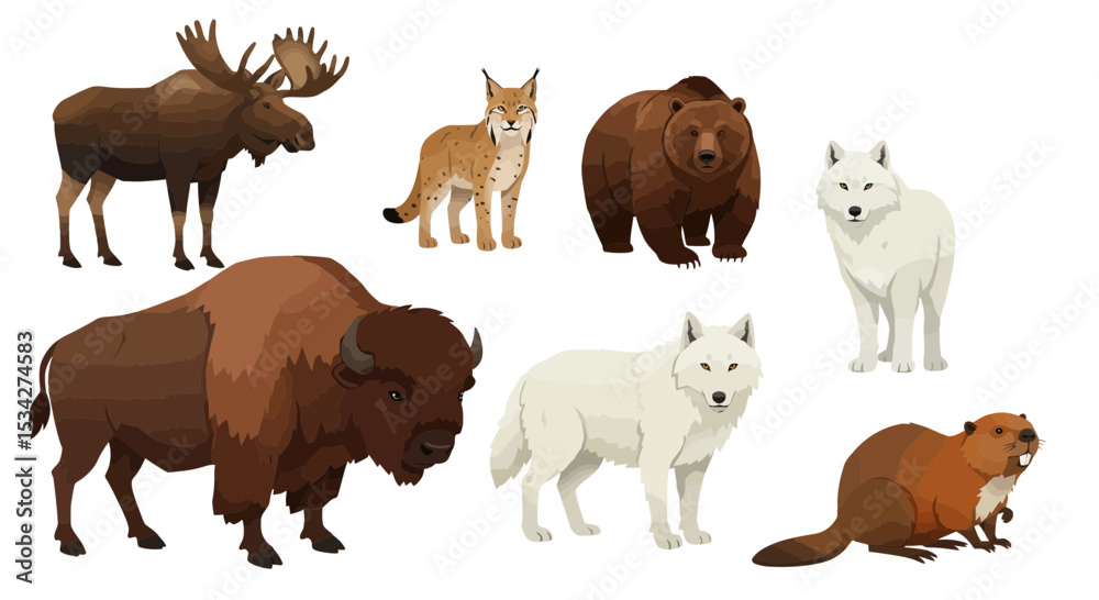 Fototapeta premium Collection of North American Wildlife: Diverse animal icons on a white background