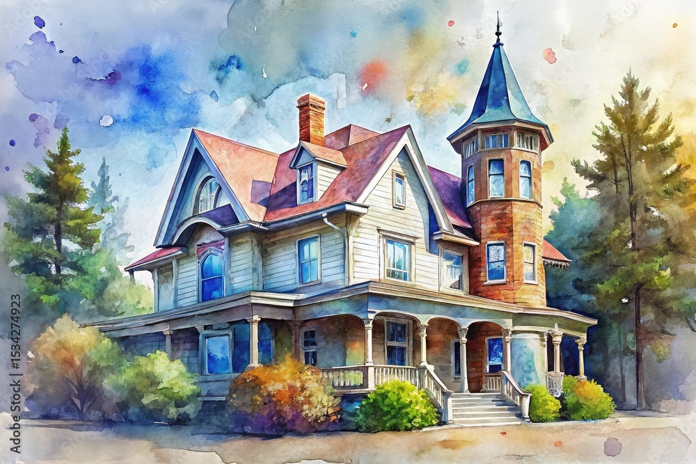 Fototapeta premium Watercolor painting of a victorian style house