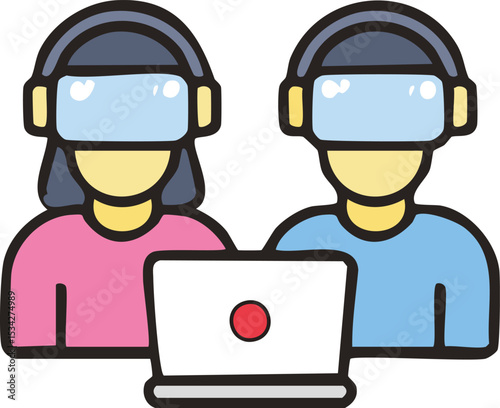 Learnin with virtual reality glasses, female and male figures.