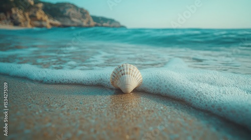 Seashell on shore near waves. Warm light. Serene