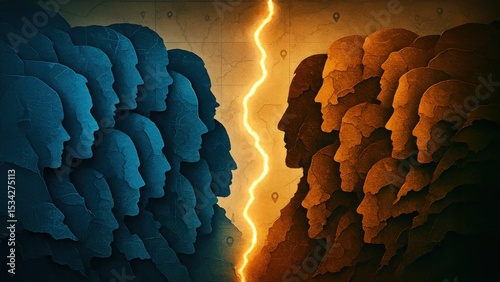 Two dense groups of faceless silhouettes divided by a glowing border line show people separated by immigration issues and lack of international cooperation