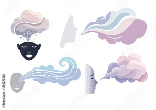 Sigh cloud illustration floating from a calm face silhouette, symbolizing emotional release with soft gradients