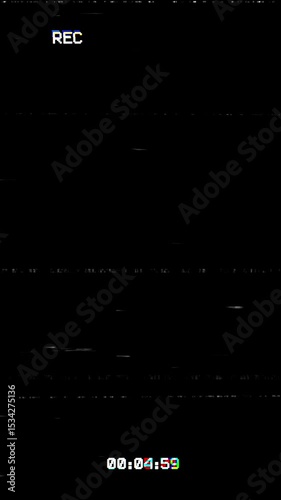 Vertical VHS Rec Playback Glitch Screen Black background. 4K Video