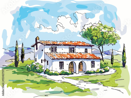 Charming villa with a garden under a blue sky in a serene landscape  
