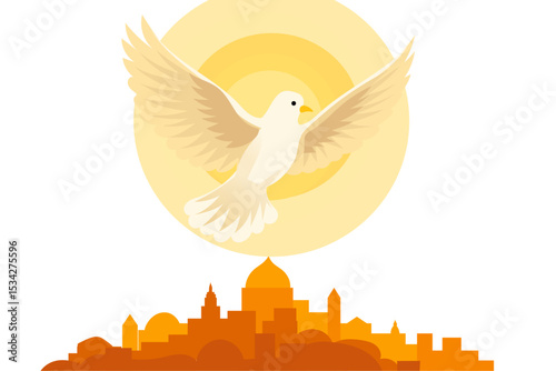 Vector illustration of a dove flying over Jerusalem with a radiant sun, symbolizing the Holy Spirit descending on Pentecost."
