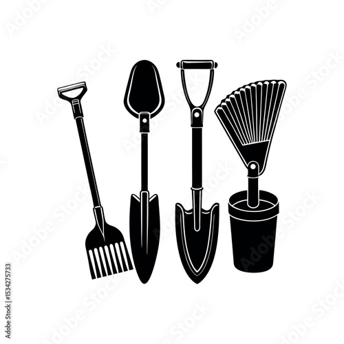 Garden Equipment Black Silhouettes  Farming Tools and Yard Work Icons Design