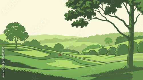 Lush Green Golf Course Vector with Flags and Manicured Greens