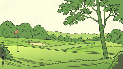 Lush Green Golf Course Vector with Flags and Manicured Greens
