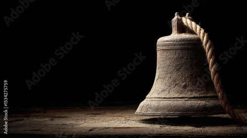 Aged Rusty Metal Bell on Dark Wooden Surface
