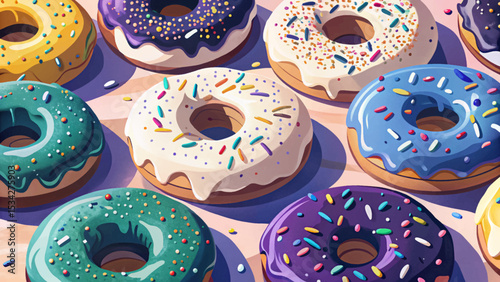 Colorful donuts with sprinkles and icing sugar sweet dessert vector illustration perfect for bakery packaging, cafe menu, pastry poster, or food branding design