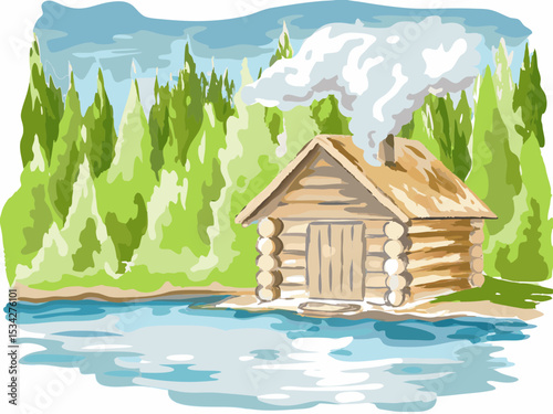 Log cabin by the lake with smoke rising from the chimney in summer  