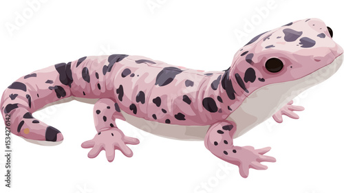 A full shot of a pink plush toy in the shape of a leopard gecko. The toy is predominantly pink with black spots scattered across its body. It has a detailed design, including visible toes