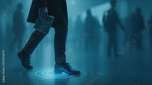 A person steps across a glowing digital threshold near people walking in street, showing movement, border shifts, and real world immigration issues
